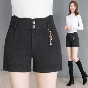 秋冬毛呢短裤女高腰修身显瘦妈妈外穿休闲打底靴裤胖MM百搭热裤