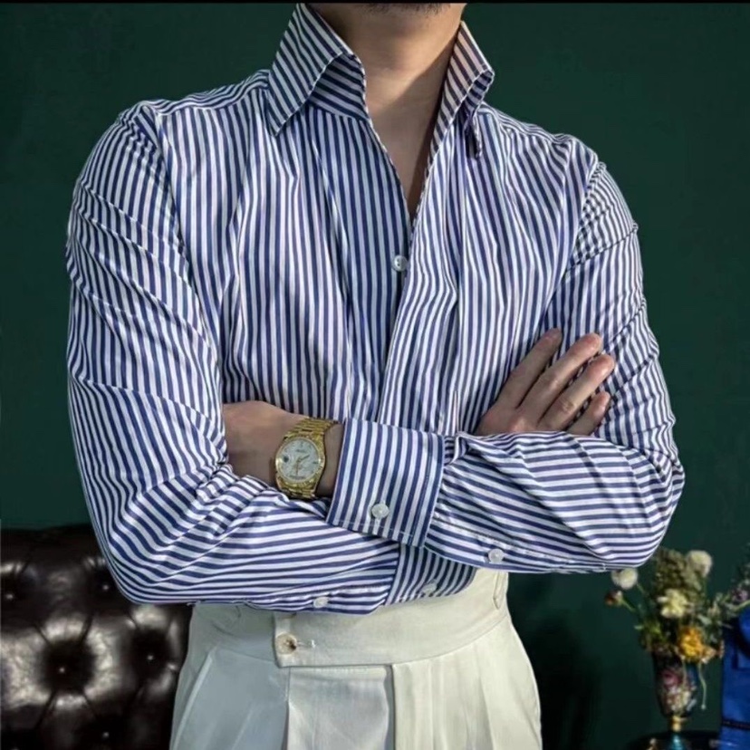 %100纯棉特价正品春夏意式一片领男士蓝色条纹修身长袖衬衫衬衣