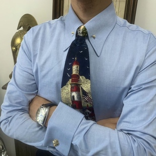 春夏正品全棉微弹牛仔蓝防皱款帝国领针男士修身长袖法式袖扣衬衫