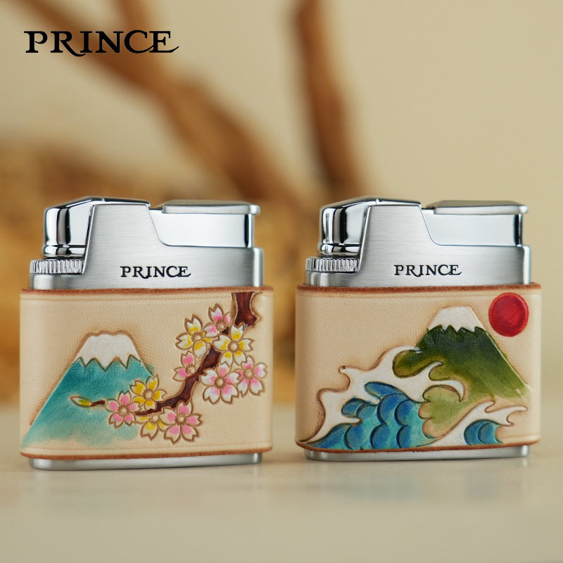 王子prince日本打火机充气樱花富士山皮雕彩绘个性创意高档送礼