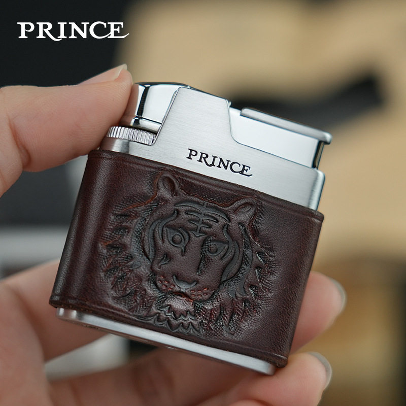 日本PRINCE王子打火机充气砂轮复古虎头真皮雕刻个性礼物烟具礼物