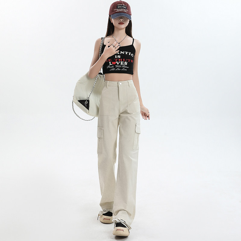 小个子美式工装裤女款2024春季新款卡其高腰窄版梨形直筒长裤牛仔图片