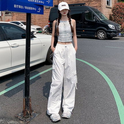 白色速干工装裤女夏天小个子2026薄款冰丝束脚夏季宽松高腰直筒裤