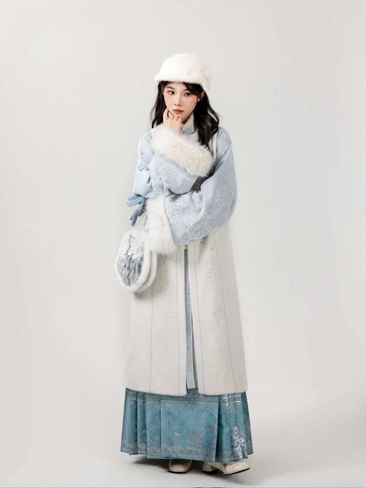 寒竹白雁立领对襟长衫长比甲马面