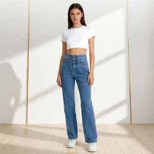 美式复古高腰直筒牛仔裤女春季宽松显瘦浅蓝色加长版拖地阔腿长裤