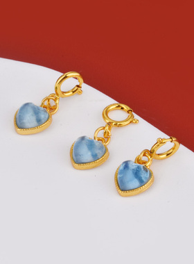 S925古法银镀金配件镶嵌海蓝宝爱心吊坠diy珍珠水晶手链银饰配件