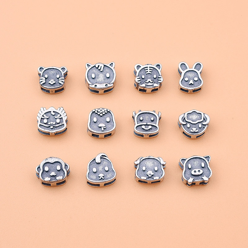 925纯银十二生肖本命年生肖隔珠 首饰diy属相红绳手链编织配件