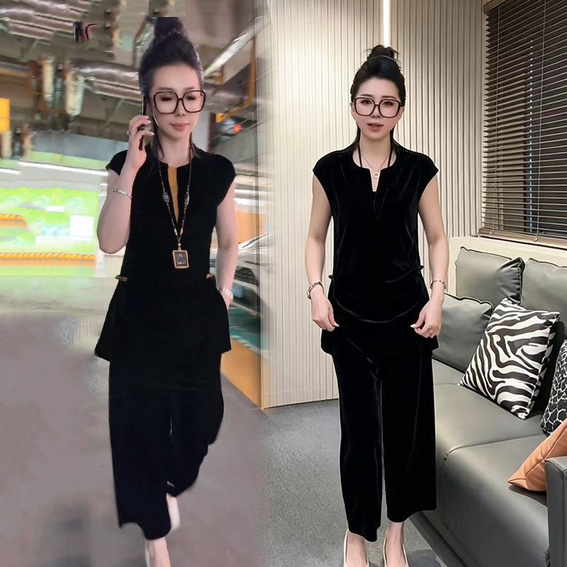 时尚套装女2026早秋新款丝绒盘扣中长款开叉上衣裤子中式两件套潮