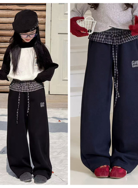 9985青少年一体绒弯刀裤童装秋冬款女童加绒休闲裤长裤大童