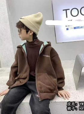 20085牛家带帽毛毛外套童装秋冬款男女童保暖拉链衫中童