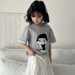 80126乔家短袖T恤衫童装夏款女童蕾丝花边体恤中大童