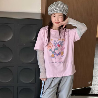 71207牛家防晒长袖T恤衫假两件童装夏款女童拼色体恤中大童