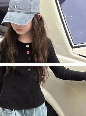 0215童家打底衫毛衣童装秋冬款女童纽扣针织衫套头衫中大童