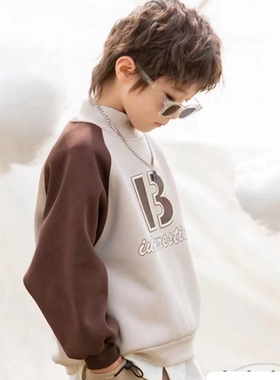 85627木家一体绒卫衣童装秋冬款男女童拼色加绒套头衫中童