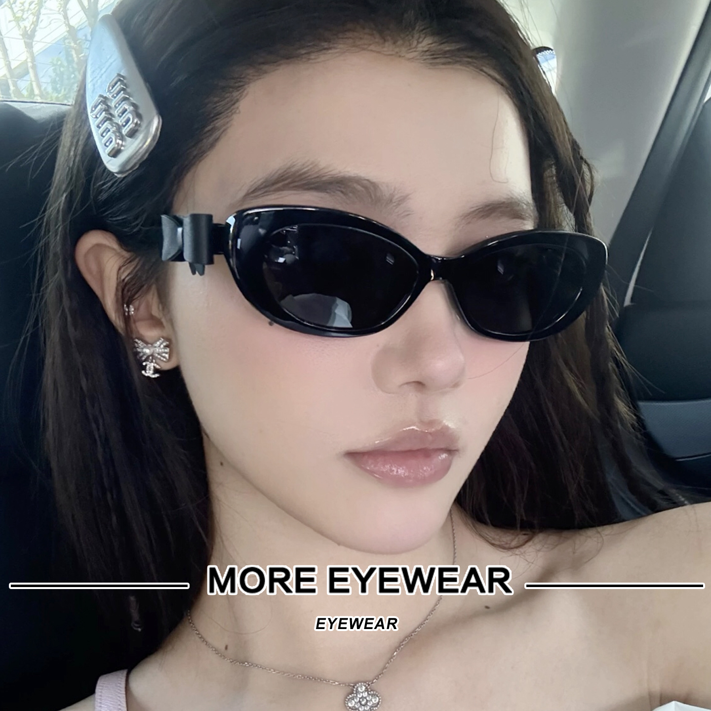 25B新品可拆卸蝴蝶结墨镜女辛芷蕾同款黑色椭圆形复古法式太阳镜