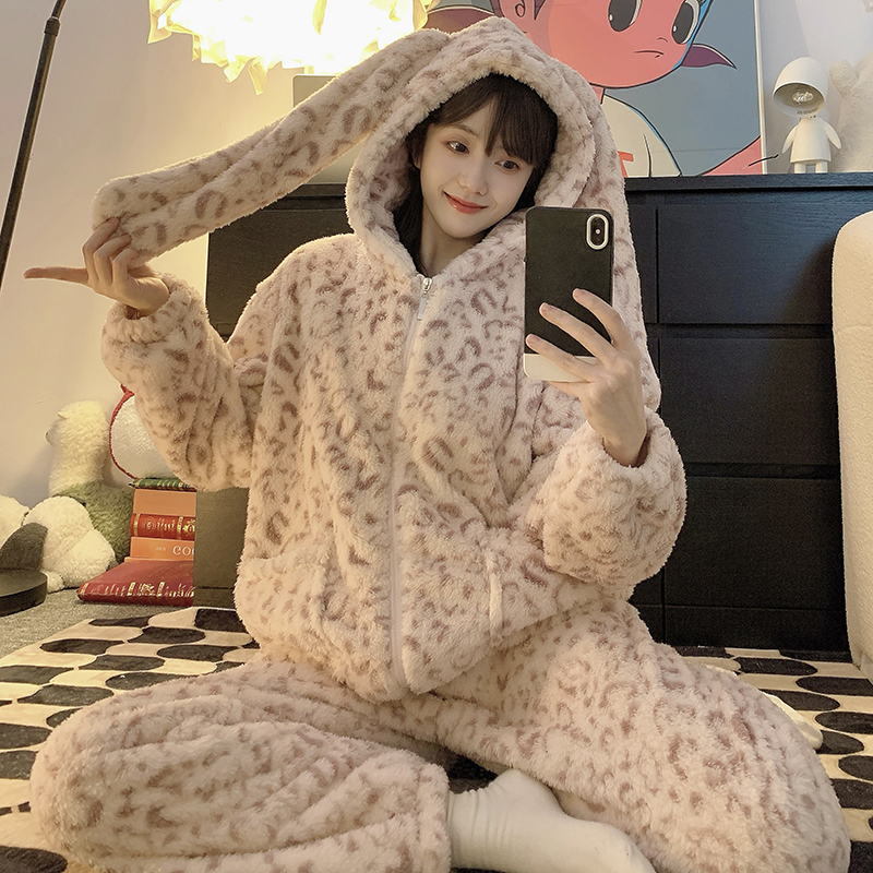 长款睡衣珊瑚绒睡衣女冬季宽松加厚拉链连帽大码300斤家居服套装