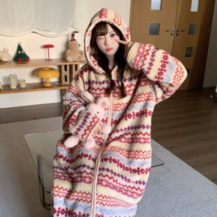 珊瑚绒连帽睡袍女冬季加厚保暖长裙加肥特大码300斤家居服可外穿