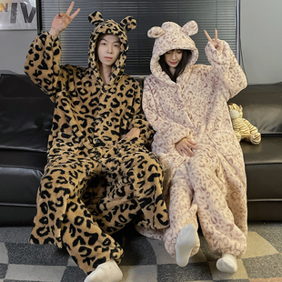 情侣珊瑚绒睡衣大码 长袍浴袍 冬天加绒保暖豹纹睡袍胖MM家居服套装