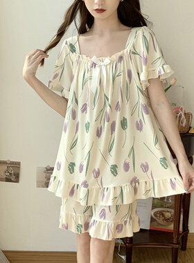 睡衣女冰丝夏季短袖加大码300斤自带凉感莫代尔宽松甜美胖M家居服