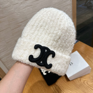 凯旋门羊羔毛毛线帽2024新款刺绣针织帽女款秋冬冷帽冬季堆堆帽子