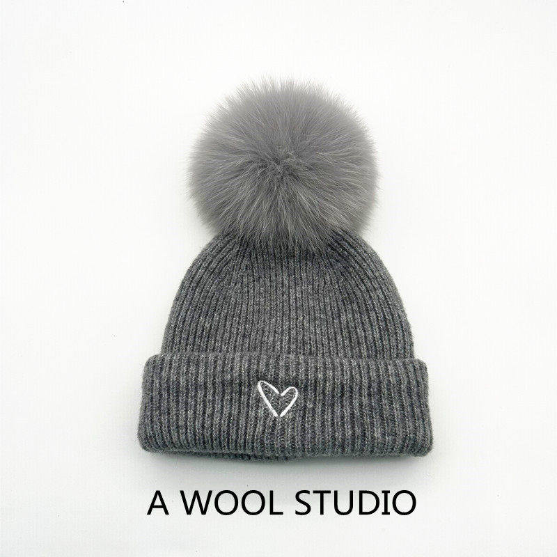 纯羊毛包头帽儿童冬宝宝帽狐狸毛球厚双层针织毛线帽子围巾套装