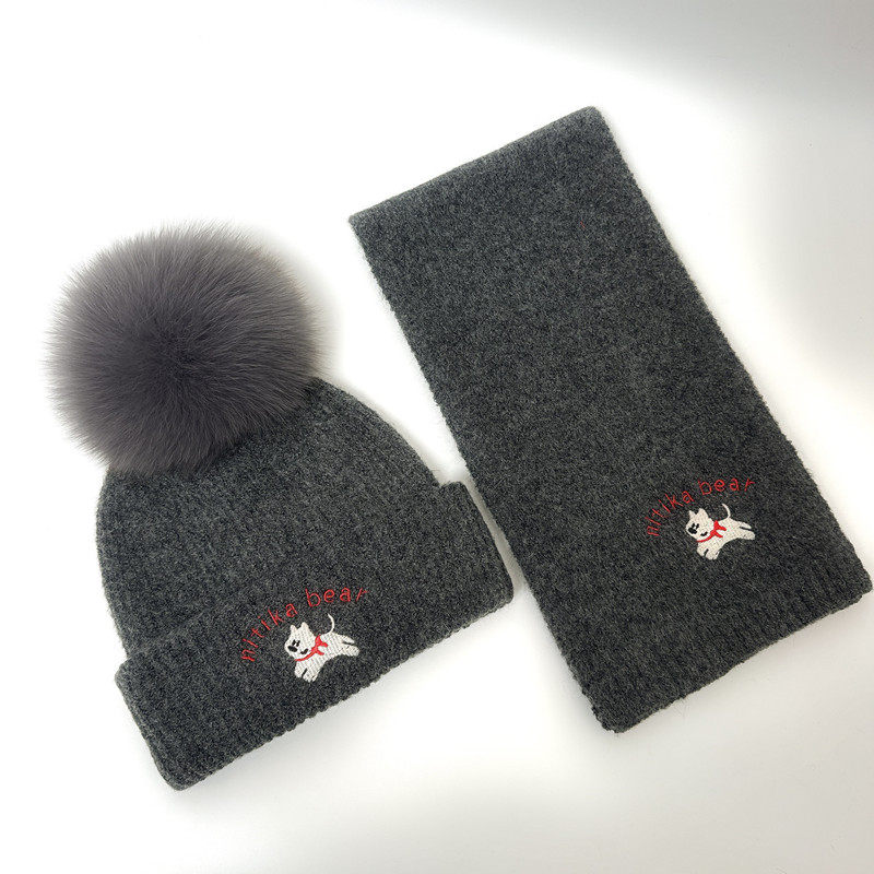 羊毛可爱小狗狐狸毛球针织帽子女冬季保暖毛线帽红色毛绒帽围巾