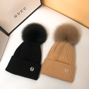法国M标兔绒狐狸毛球针织毛线帽子女潮秋冬天日系冷帽保暖羊毛帽