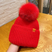 MJUK狐狸毛球帽子女秋冬季 保暖红色热巴同款 针织毛线帽