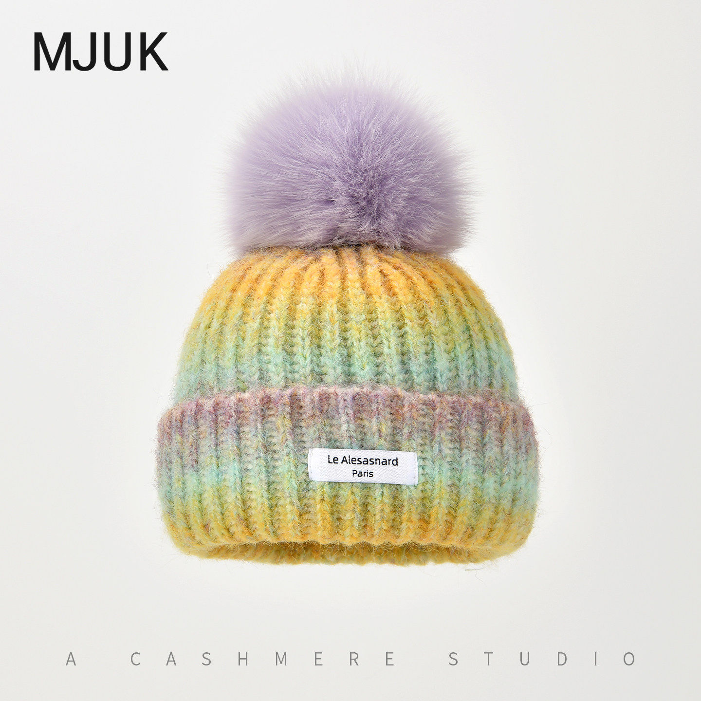 MJUK渐变糖果色狐狸毛球针织帽女冬季冰岛保暖护耳毛线帽子大头围