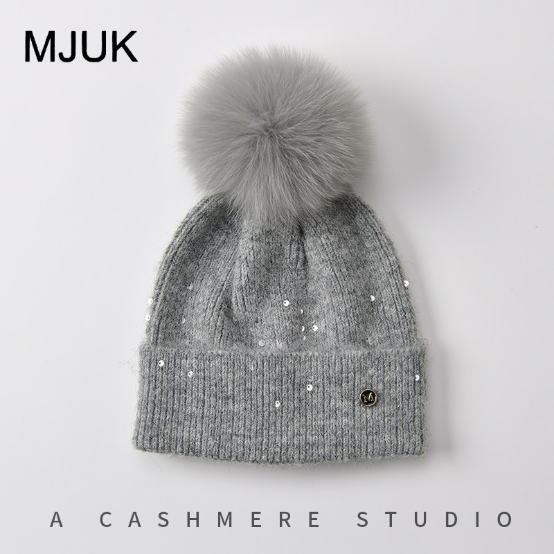 MJUK羊毛亮片针织帽女秋冬保暖狐狸毛球毛线帽护耳冷帽韩版,服饰配件/皮带/帽子/围巾,帽子,淘宝优惠券,粉丝福利购,淘宝优惠卷