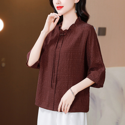 实拍冠乐绉真丝衬衫女 宽松大码洋气妈妈春夏中老年上衣