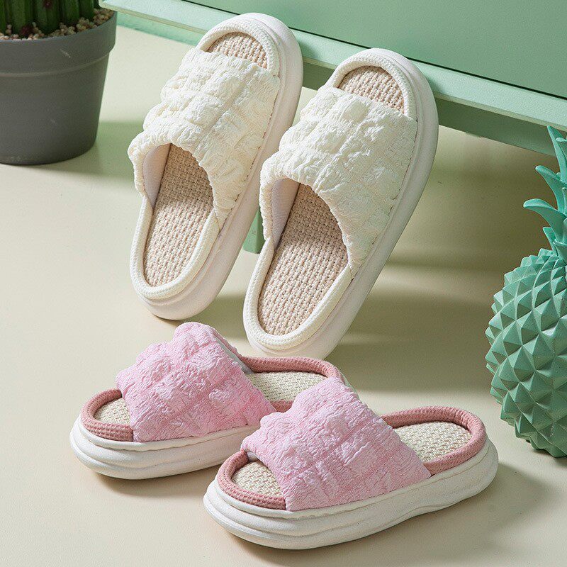 四季居家纯色泡芙儿童拖鞋男女宝宝室内家用加厚底凉拖鞋亚麻xc88