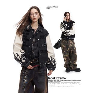 街头外套夹克男女QW37 美式 五十万针混合绣花PU袖 子秋季