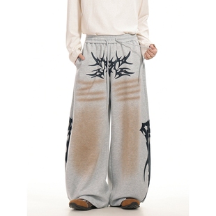 QW97 街舞爵士舞嘻哈休闲裤 脏染做旧阔腿弯刀卫裤 男女抽绳运动裤