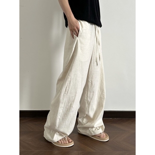 松弛感假垂感亚麻混纺长裤 QW39 弧形剪裁宽松舒适慵懒阔腿裤