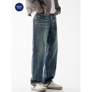 男复古休闲宽松阔腿长裤 宽松牛仔裤 子QW80 高街大码 潮牌美式