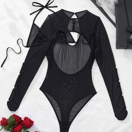 High-end Mesh Pearl Long Sleeve Spliced Jumpsuit