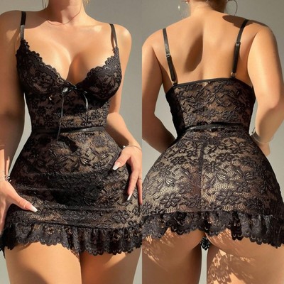 Lingerie Deep V Lace Strapless Dress Lace Sheer Sexy Nightwe