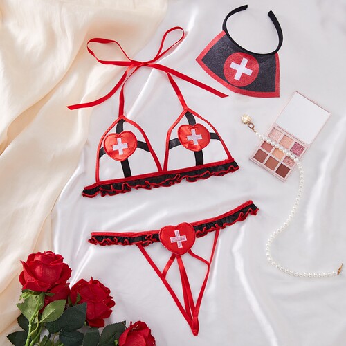 Sexy lingerie set, flirtatious, seductive, woven, nurse, COS