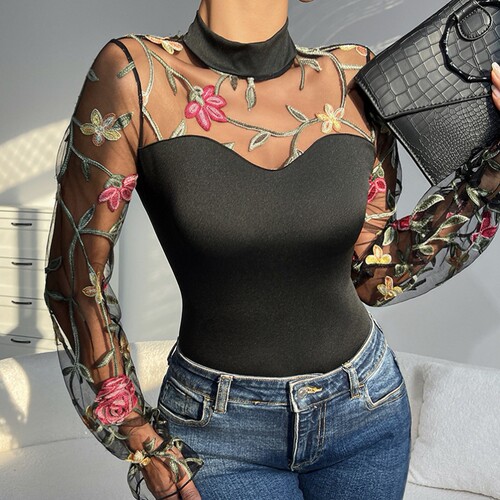Mesh Bubble Perspective Hollow Out Long Sleeve Fashion Women