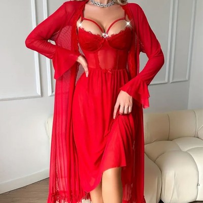 Lingerie Women's Sexy Mesh Nightgown Strapless Dress Loungew