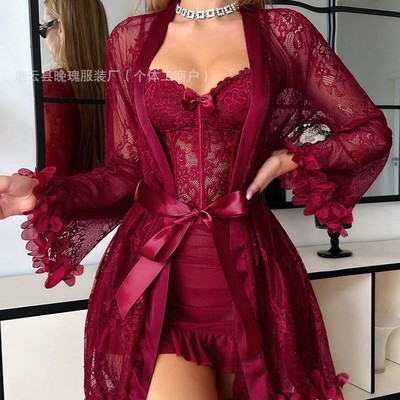 Lingerie Set: Sexy Sheer Lace Strapless Dress with Robe and