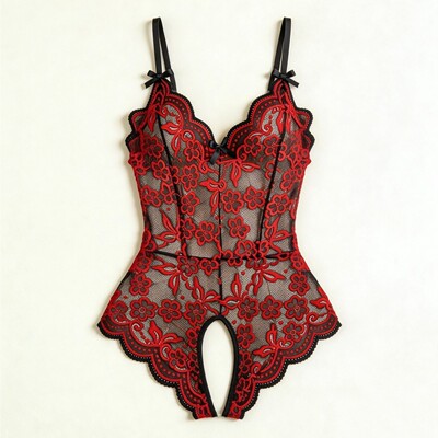 Lace-up crotch-opening one-piece sexy deep-V erotic lingerie