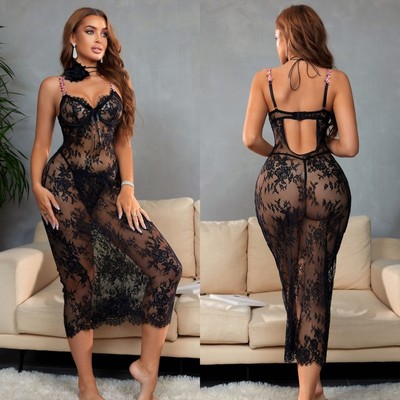 Lingerie Set: Lace Mesh Sheer Strapless Long Dress Bodysuit