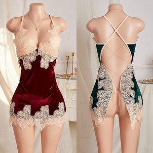 Velvet Backless Strappy Lingerie Sexy Nightwear Lace Strappy