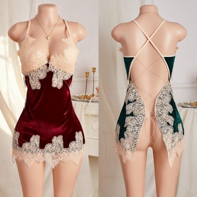 Velvet Backless Strappy Lingerie Sexy Nightwear Lace Strappy