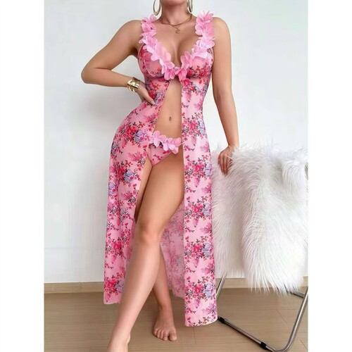 Sling slit printed low cut sexy lingerie women's sexy long s