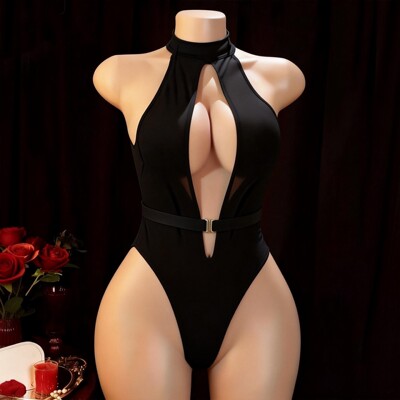 Tempting open-front one-piece garment, halter neck one-piece