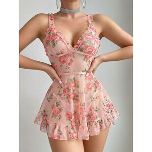 Lingerie Women's Seductive Mesh Floral Ruffled Sexy Nightgow