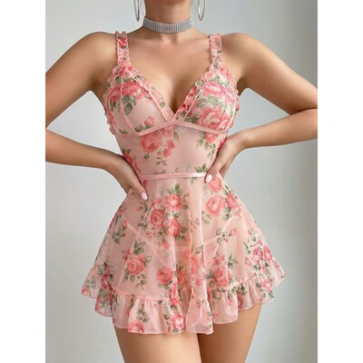 Lingerie Women's Seductive Mesh Floral Ruffled Sexy Nightgow